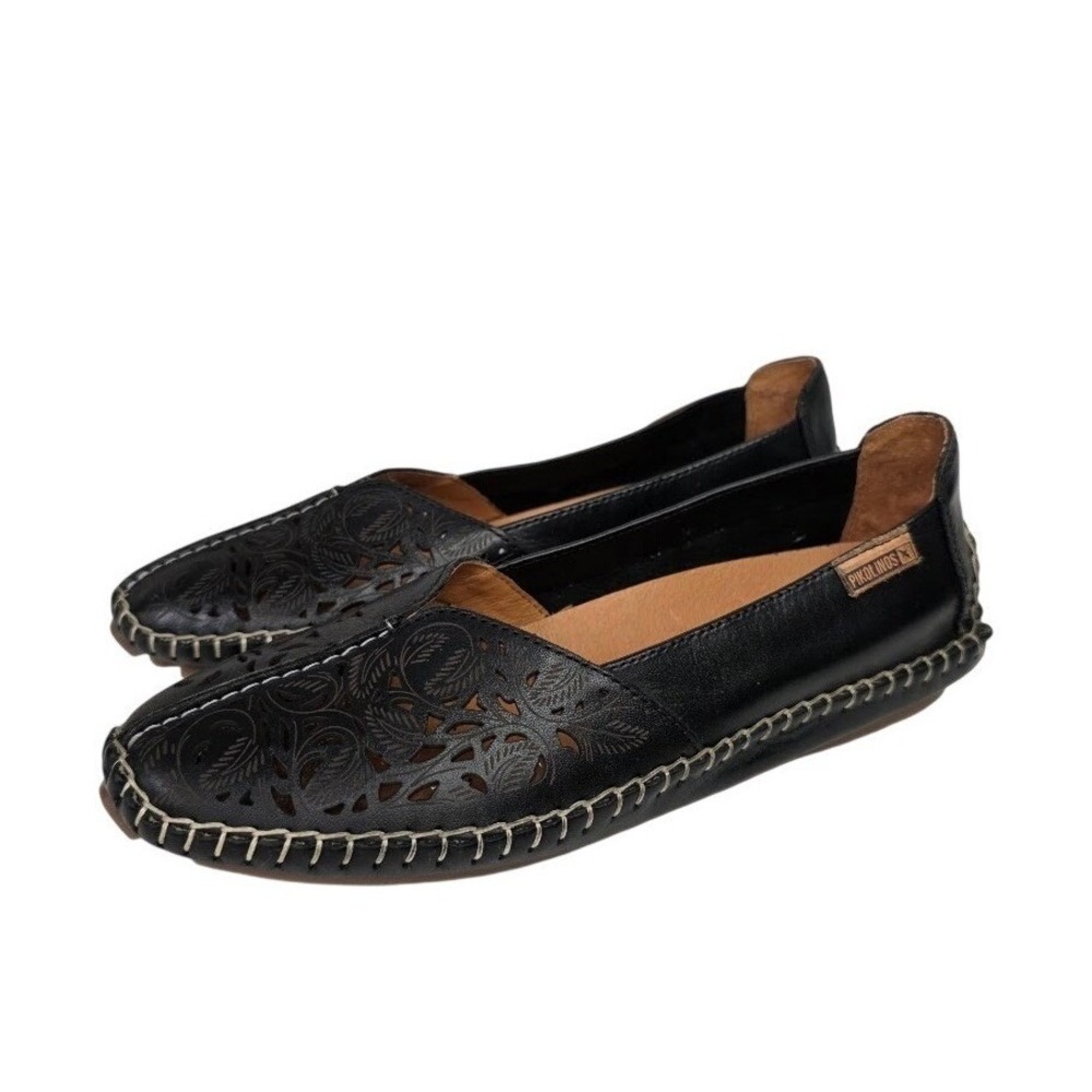 Pikolinos 35 4.5-5 Jerez Loafers Black Leather Laser Cut Floral Whipstitch Flats